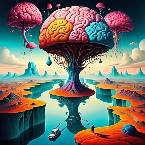 Prompt: Surrealist art movement. 
Fantastical landscape. 
Brains. Minds wandering. surreal. Dreamscape. Bright and vibrant colors. Natural lighting.