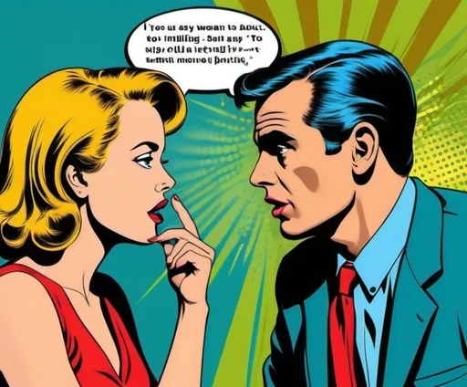Prompt: Pop art. Digital print. Concept art. Scene shows a man is about to say something to an intelligent woman. Dialogue. Intellectual.