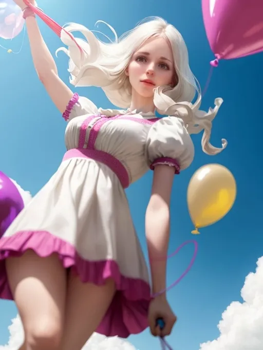 Prompt: An image shows a white woman holding the strings to colorful, shiny balloons gently swinging in a breeze.