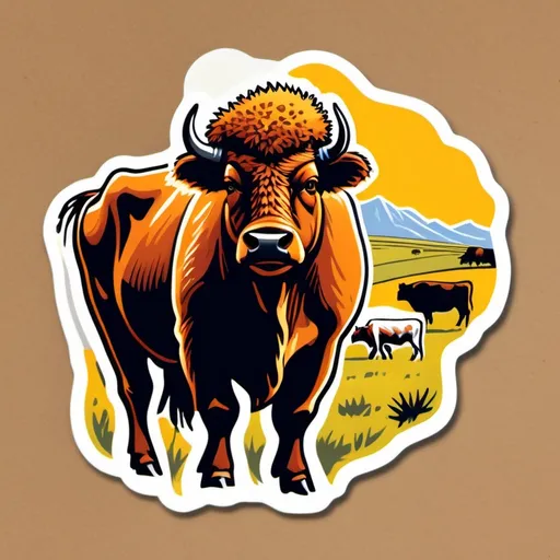 Prompt: A cow-bison hybrid, beefalo set on a California ranch, 1970’s illustration 