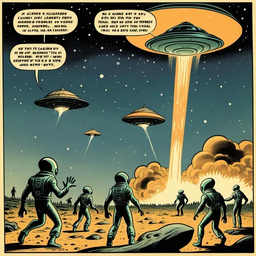 Prompt: Comic Panel depicts aliens landing to Earth. Pulp style. 