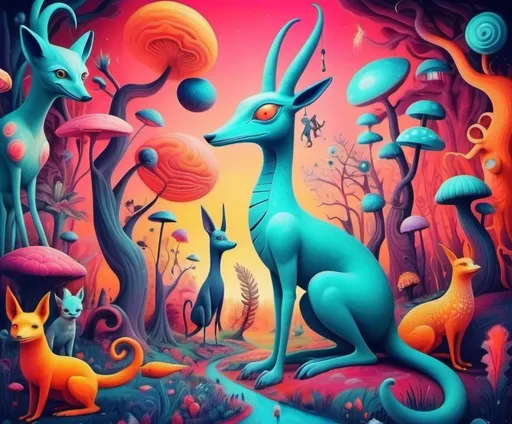 Prompt: Surrealism. Strange and odd vibes. dreamscape wonderland. Mythological and fantasy animal like creatures. Bright happy colors.