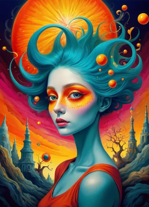 Prompt: Art style of Salvadore Dahli.
 Surrealist art movement. Fantasy. 
A dreamscape of imagination that Evokes a feeling of Trust and self worth. An overall sense of happiness about life. 
A self emmits tiny, inner sparks of possibility into flames of achievement showing a sense of movement and enlightenment. surreal. Fantasy. Bright colors (oranges, yellows, reds, teals, blues, white, pink, bright green.)