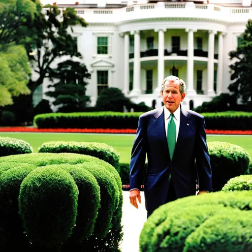 Prompt: The presidential White House in the background. There is a scattering of lush green bushes. One bush features, George W. Bush’s head. One bush shows George WH Bush’s head.