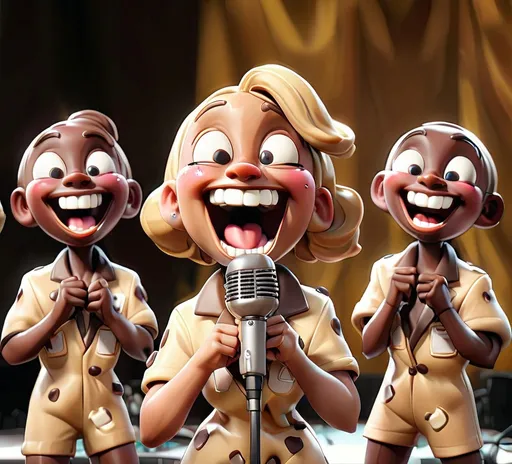 Prompt: Four cheerful, anthropomorphized chocolate chip cookies with bright eyes and wide smiles stand in front of a microphone, suggesting a fun performance or karaoke scene. Each cookie has tiny legs and arms, adding to their playful character, while the backdrop features a simple, neutral-toned environment that focuses attention on the cookies. The warm golden-brown color of the cookies contrasts nicely with their dark chocolate chips, and the overall composition exudes a lighthearted, whimsical energy. The lighting is bright and inviting, enhancing the jovial atmosphere as these sweet treats seem ready to entertain an eager audience.