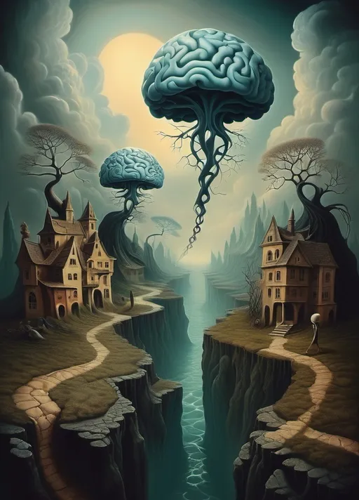 Prompt: Art style of Salvadore Dahli.
 Surrealist art movement. Fantasy. 
A mythical landscape. 
Brains wanders Because it's way too little to be out alone. surreal. Mythological. Dreamscape.