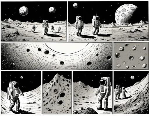 Prompt: Comic strip. Panel depicts People going to the moon.
