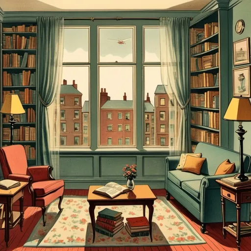 Prompt: Living room, bookshelves, read the book girl who fell from the window, vintage illustration.