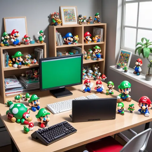 Prompt: Video game cover art, Home office setting, aerial view, metallic hues, computer and keyboard sits on a desk, female hands typing on the keyboard, a document is open on the computerMario and Luigi dolls next to computer, cute Nintendo characters decorate table top, simple background, cartoon illustration