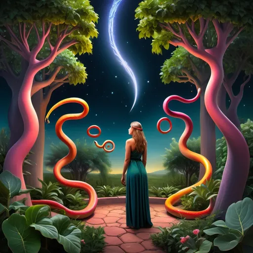 Prompt: Creationism. A Lush colorful biblical Garden of eden dreamscape with fig trees. One lone Snake coils around  A female standing perfectly still with back facing frame. Rising from the female are multiple souls watching from the night sky. image of evokes feelings of understanding and creativity and peace. 