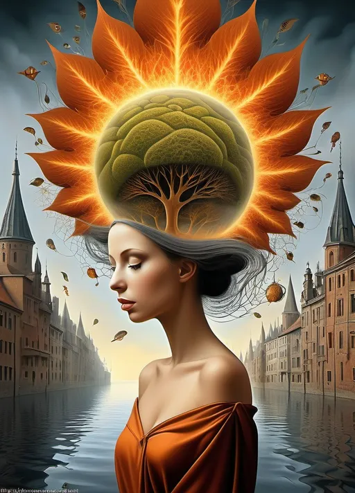 Prompt: Art style of Igor Morski’s. Surrealist neo-surrealism, modern surrealism, art movement. 
Fantasy.
A dreamscape of imagination that Evokes a feeling of Trust and self worth. An overall sense of happiness about life. 
A self emmits tiny, inner sparks of possibility into flames of achievement showing a sense of movement and enlightenment. surreal. Fantasy. Bright colors (oranges, yellows, reds, teals, blues, white, pink, bright green.)