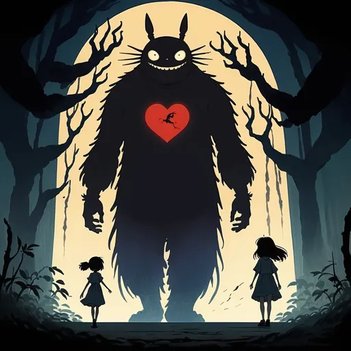 Prompt: 2d studio ghibli anime style, shadow figure, being pushed by fears, nightmares in mind and led by the dreams in the heart, pulp style, anime scene, fear and happiness, brain, heart