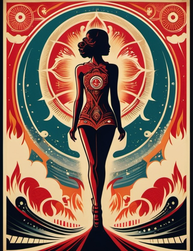 Prompt: Art style of Shepard Fairey.
 Surrealist art movement. 
A dreamscape of imagination that Evokes a feeling of Trust and self worth. An overall sense of happiness about life. 

A self fanning tiny, inner sparks of possibility into flames of achievement showing a sense of movement and enlightenment. surreal. Fantasy. Bright colors. 