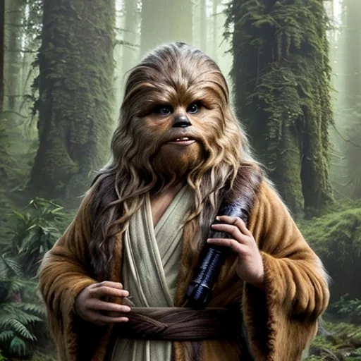 Prompt: Chewbacca in flowing robes, earthy tones, lush forest setting, serene and wise expression, detailed fur with warmth and texture, high quality, earthy tones, lush forest, detailed fur, wise expression, Ewok robes, lightsaber, serene atmosphere
