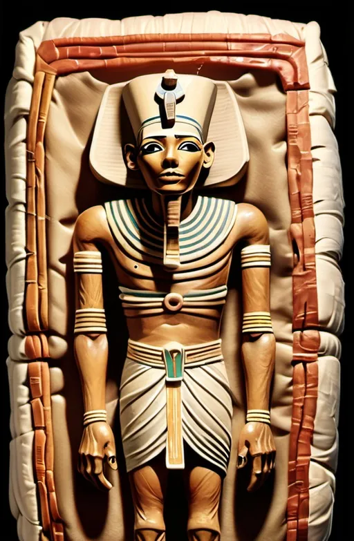 Prompt: Egyptian carved mummy with onions, instead of eyes, woven gauze bandages, creased wrinkled, Egyptian to setting, scarabs,stop-motion animation