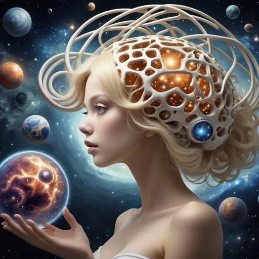 Prompt: Surrealism, wonder, strange, bizarre, fantasy,  anime style representing the harmony of the universe originates, celestial brain, models of the universe, changing the way we see the world, female blonde watching the cosmic reconstruction, beautiful, perfect voluminous body, detailed masterpiece.