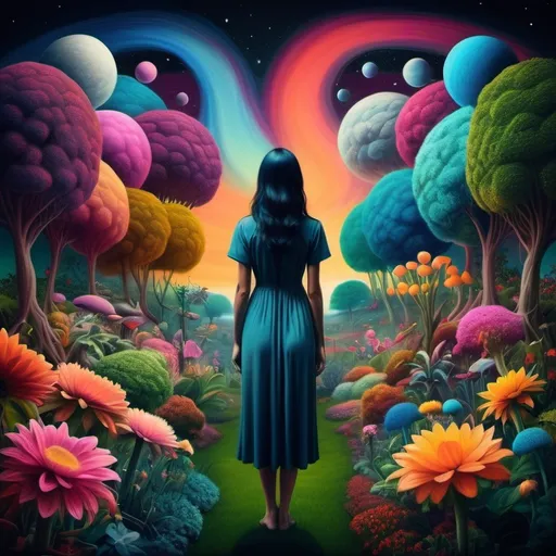 Prompt: Surreal image (Salvadore Dahli style. Lush colorful Garden of landscape. Creationism.  A female stands perfectly, still with back facing frame. Rising from the female are multiple souls drifting into the night sky. image of evokes feelings of understanding and creativity and peace. Surrealism.