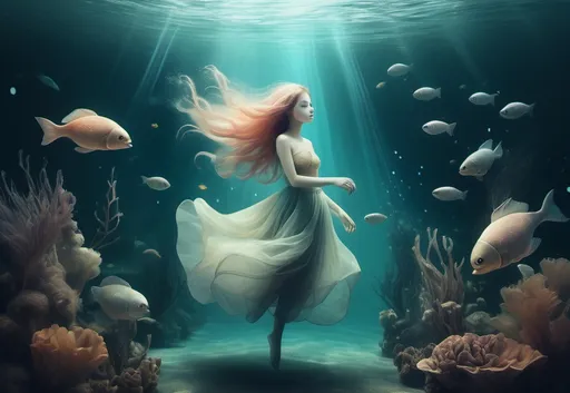 Prompt: An underwater fantasy lands.digital artwork inspired by Gosia Kmiec. The image evokes a feeling of lightness and oddness. beautiful imaginative creatures. fantasy art.