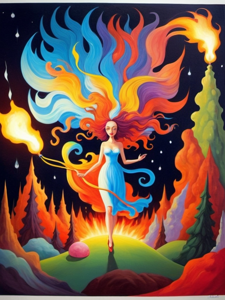 Prompt: Art style of Salvadore Dahli.
 Surrealist art movement. 
A dreamscape of imagination that Evokes a feeling of Trust and self worth. An overall sense of happiness about life. 

A self fanning tiny, inner sparks of possibility into flames of achievement showing a sense of movement and enlightenment. surreal. Fantasy. Bright colors. 