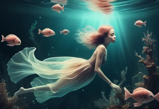 Prompt: An underwater fantasy lands.digital artwork inspired by Gosia Kmiec. The image evokes a feeling of lightness and oddness. beautiful imaginative creatures. fantasy art.