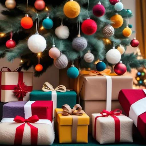 Prompt: Christmas tree lit with white lights and decorated with multicolor ball ornaments stand in the center of the frame surrounded by cute wool felt Christmas presents. Presents wrapped in fuzzy fabric, felt. Christmas. Christmas colors. 