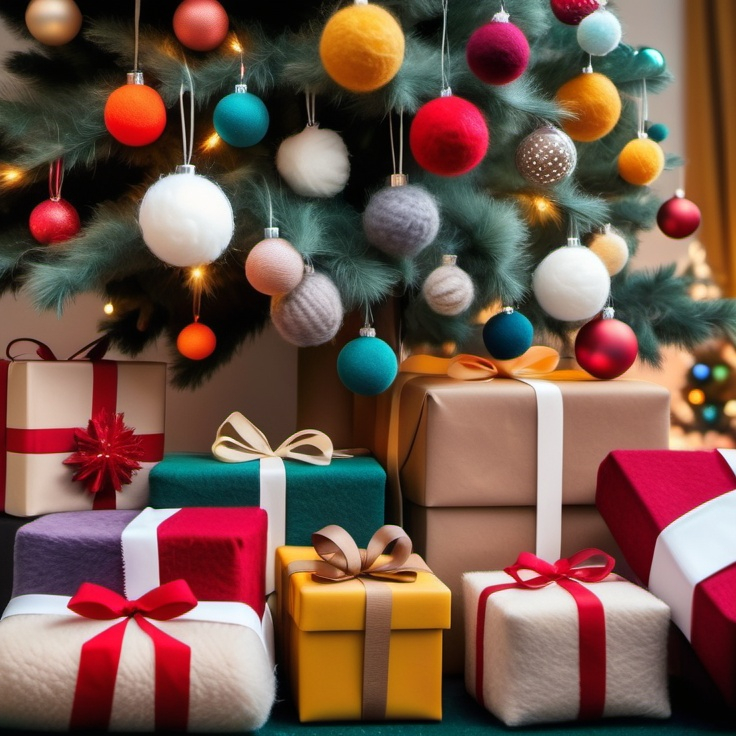 Prompt: Christmas tree lit with white lights and decorated with multicolor ball ornaments stand in the center of the frame surrounded by cute wool felt Christmas presents. Presents wrapped in fuzzy fabric, felt. Christmas. Christmas colors. 