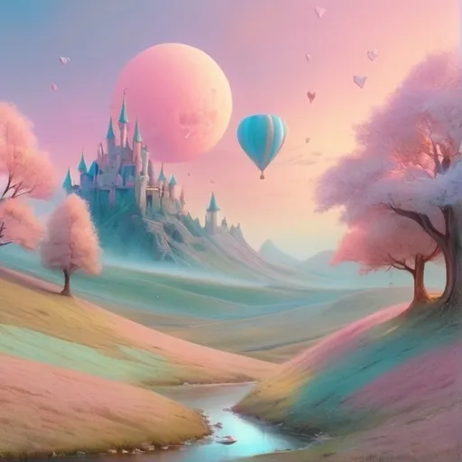Prompt: Dreamy pastel landscape, magic, Whimsical, surreal, World, Wonder, change, love, humanity