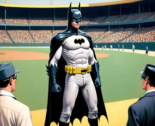 Prompt: Baseball field, crowd, Robin from batman standing on home base empty handed, confused, shocked BATMAN, pulp style