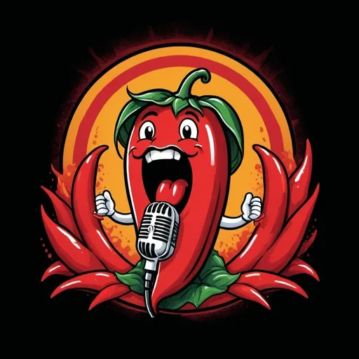 Prompt: Stage background, music theme, Chili pepper singing into microphone