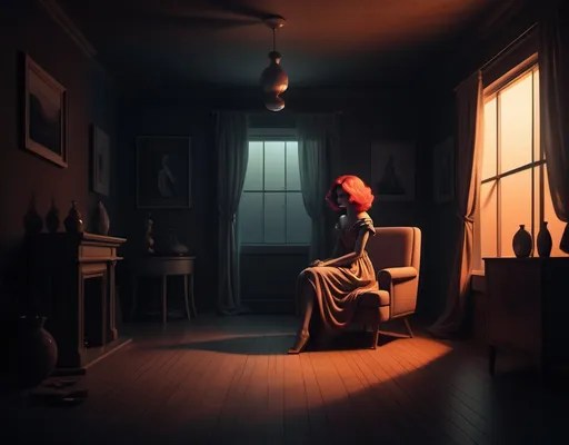 Prompt: Dahli style surrealist illustration. image depicts a female figure sitting alone in a dimly lit living space. She is alone and lonely. 
