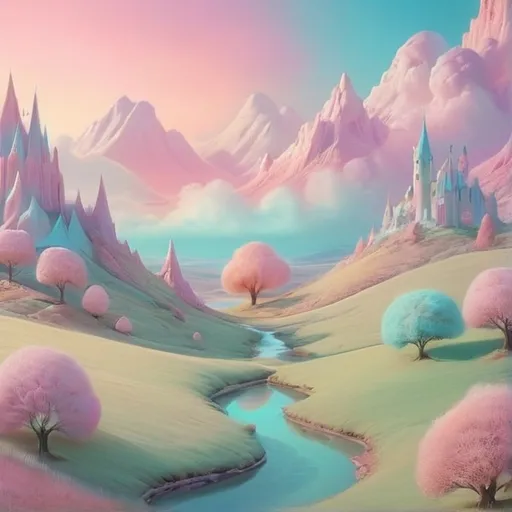 Prompt: Dreamy pastel landscape, magic, Whimsical, surreal, World, Wonder, change, love, humanity