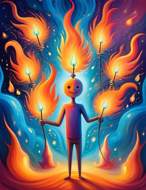 Prompt: Surreal imagination dreamscape. The image Evokes a feeling of Trust and self worth. An overall sense of happiness about life. Anthropomorphic self fanning tiny, inner sparks of possibility into flames of achievement denoting, a sense of movement and enlightenment. Bright  intense hues.