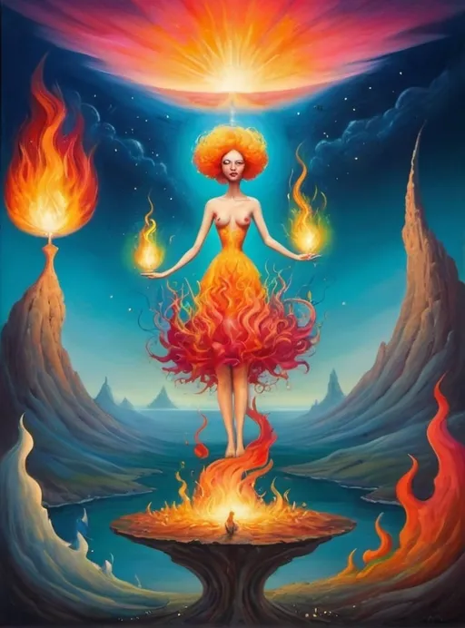Prompt: Art style of Salvadore Dahli.
 Surrealist art movement. Fantasy. 
A dreamscape of imagination that Evokes a feeling of Trust and self worth. An overall sense of happiness about life. 
A self emmits tiny, inner sparks of possibility into flames of achievement showing a sense of movement and enlightenment. surreal. Fantasy. Bright colors. 