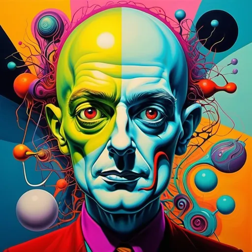Prompt: The image depicts a fine line between one person who is a displays both genius and insane characteristics. Bold colors. Surrealist art style
