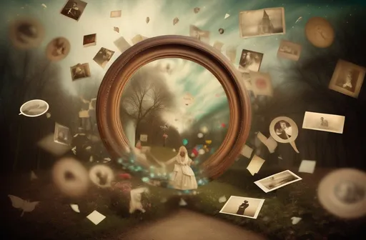Prompt: A wonderland of Feelings of nostalgia. Lost antique photos whirl around a dreamscape displaying ephemeral composition. Image evokes disjointed memories. Fantasy. Dream like