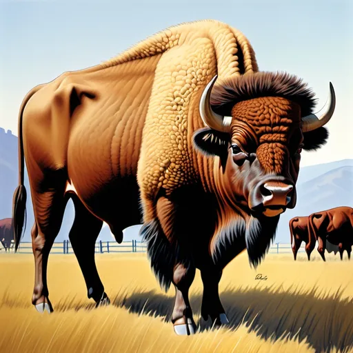 Prompt: A cow-bison hybrid, beefalo set on a California ranch, 1970’s illustration 