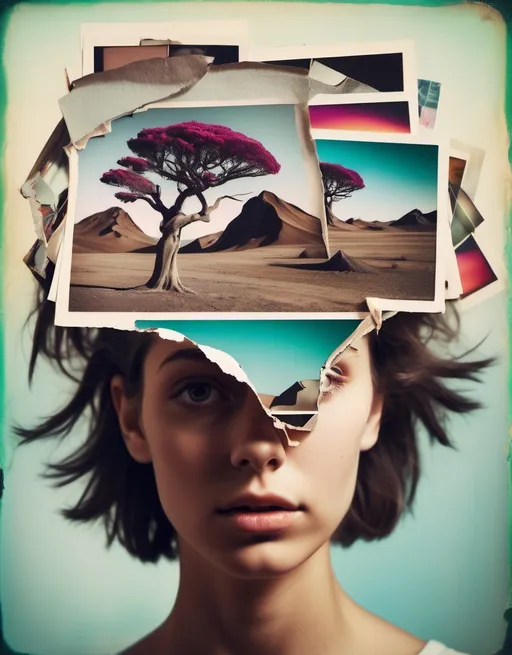 Prompt: Evokes curiosity and remembering. Image reflects twisted Warped memories emerging from an exposed head. Surreal dreamscape. Vibrant. Collage. Background is a Collage of torn polaroid pictures.   