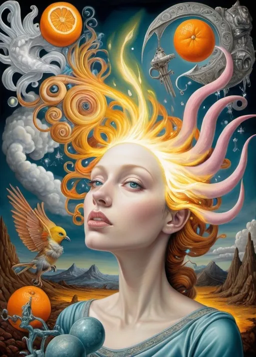 Prompt: Art style of Laurie Lipton, Carrie Ann Baade.
Surrealist neo-surrealism, modern surrealism, art movement. 
Fantasy.
A dreamscape of imagination that Evokes a feeling of Trust and self worth. An overall sense of happiness about life. 
A self emmits tiny, inner sparks of possibility into flames of achievement showing a sense of movement and enlightenment. surreal. Fantasy. Bright colors (oranges, yellows, reds, teals, blues, white, pink, bright green.)