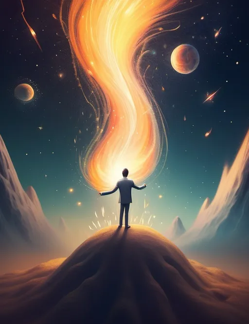 Prompt: Surreal imagination spacescape. Evokes a feeling of Trust and self worth. An overall sense of happiness about life. Anthropomorphic self fanning tiny, inner sparks of possibility into flames of achievement.