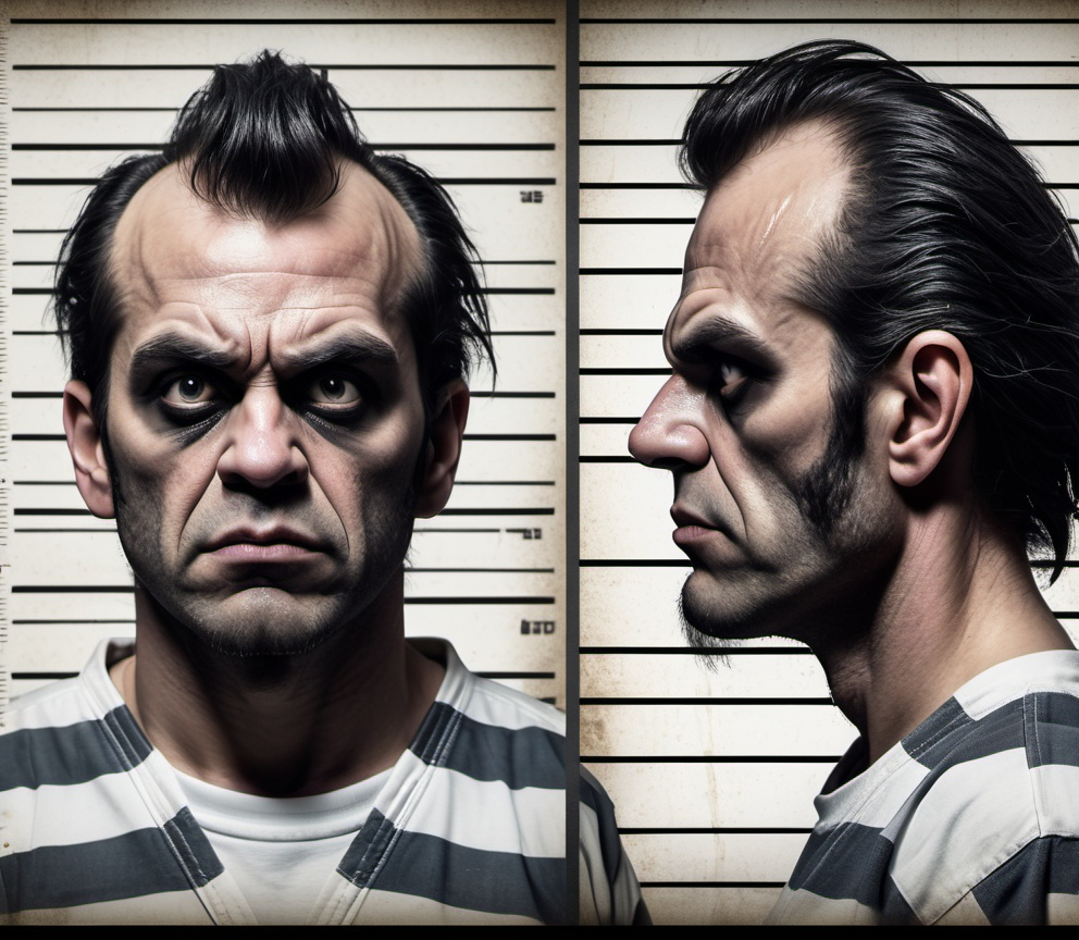 Prompt: a modern prisoner monster realistic retro 1980's action movie mugshot with side view, and front facing view, full sheet