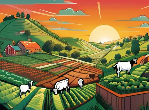 Prompt: Image depicts a rolling lush landscape filled with vegetables and crops. Cows, chickens, goats, horses, and a sheep graze the growing crops through the hill. Giant computer serves as the background featuring a sunrise on its screen. Reminiscent of Old Macdonalds Farm.
