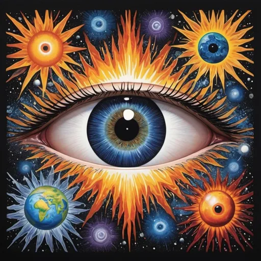Prompt:  A striking set of stylized eyes serves as the central focus, featuring an iris that vividly incorporates an image of the Earth and universe. The image portrays the changing of a season from winter to spring to summer to fall. The detailed black pupil draws attention, surrounded by a radiant burst of bright colors resembling the image of universe and sun's rays, enhancing the set of eye's impact.