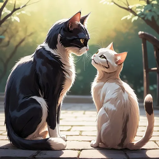 Prompt: Vintage anime style, Male cat with a long slender tail face to face with a female cat with short stumpy tail, anime scene, happiness, cute,