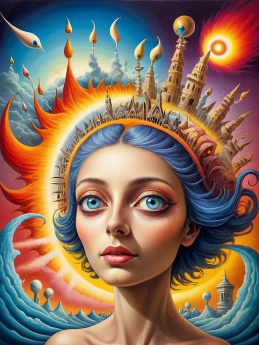 Prompt: Art style of Salvadore Dahli.
 Surrealist art movement. 
A dreamscape of imagination that Evokes a feeling of Trust and self worth. An overall sense of happiness about life. 

A self fanning tiny, inner sparks of possibility into flames of achievement showing a sense of movement and enlightenment. surreal. Fantasy. Bright colors. 