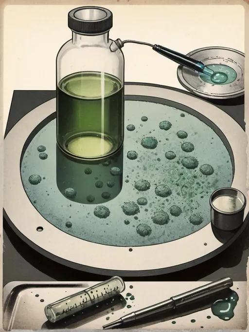 Prompt: Vintage medical illustration.
Lab setting. On steel examination table sits petri dish next to a glass overflowing with moldy liquid. Mold grows in patches through the lab