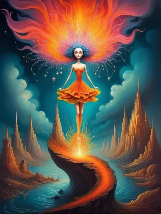 Prompt: Art style of Salvadore Dahli.
 Surrealist art movement. Fantasy. 
A dreamscape of imagination that Evokes a feeling of Trust and self worth. An overall sense of happiness about life. 
A self emmits tiny, inner sparks of possibility into flames of achievement showing a sense of movement and enlightenment. surreal. Fantasy. Bright colors. 