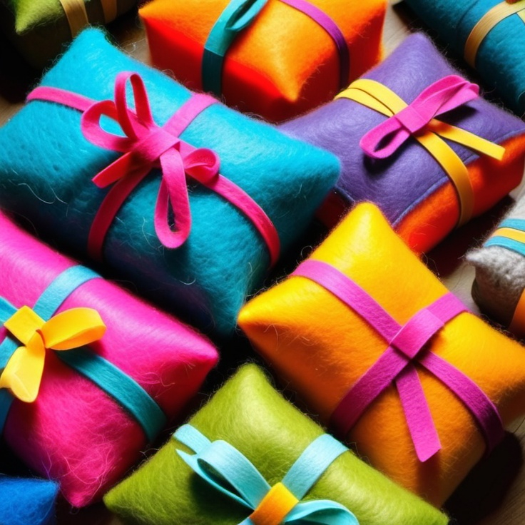 Prompt: Wool felt birthday presents wrapped in fuzzy fabric, felt. Birthday party. Bright colors.