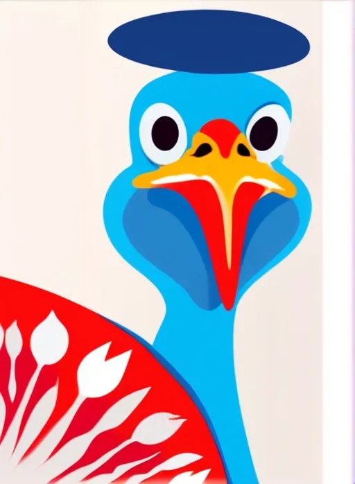 Prompt: An illustration of grinning, shy turkey. The character displays pale skin on their head and neck can turning bright red, blue or white. The flap of skin over their beaks also reddens.