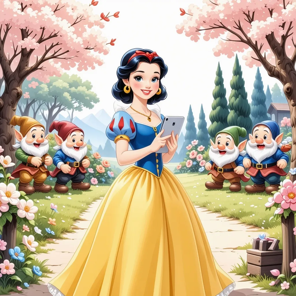 Prompt: kinomoto sakura, garden, flowers, two side up, snow whites seven dwarfs in background, subject is Snow White from Disney holding an ipad, ((Dress)), happy, open mouth,CLAMP, shojo, shoujo, manga, cute, pastel, soft, sakura, kinomoto. 