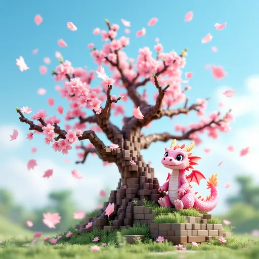 Prompt: voxel 3d render, blocks, sakura tree with falling leaves. a cute pink dragon sits on a of the branches